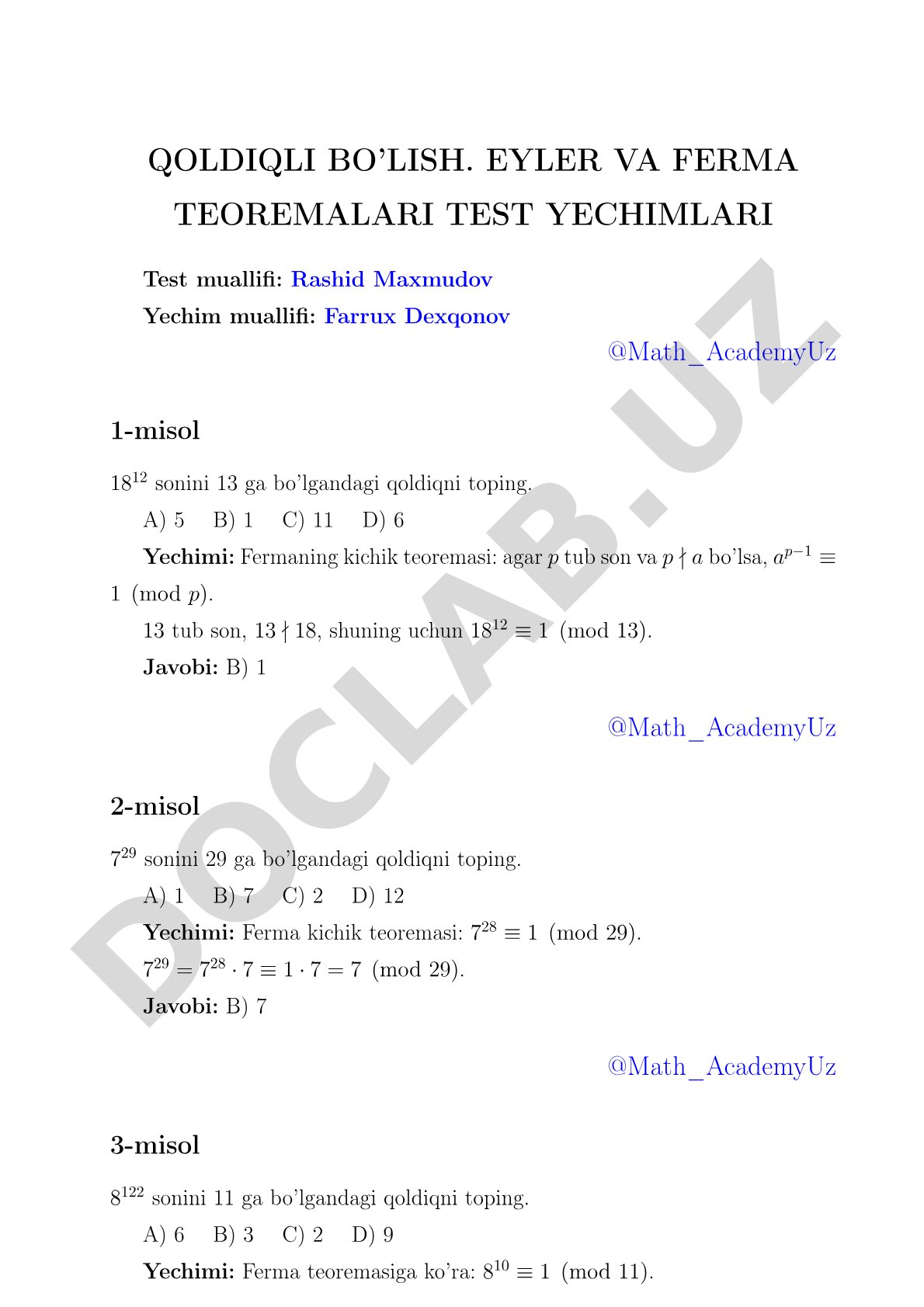 Qoldiqli bo'lishda Eyler va Ferma teoremalari