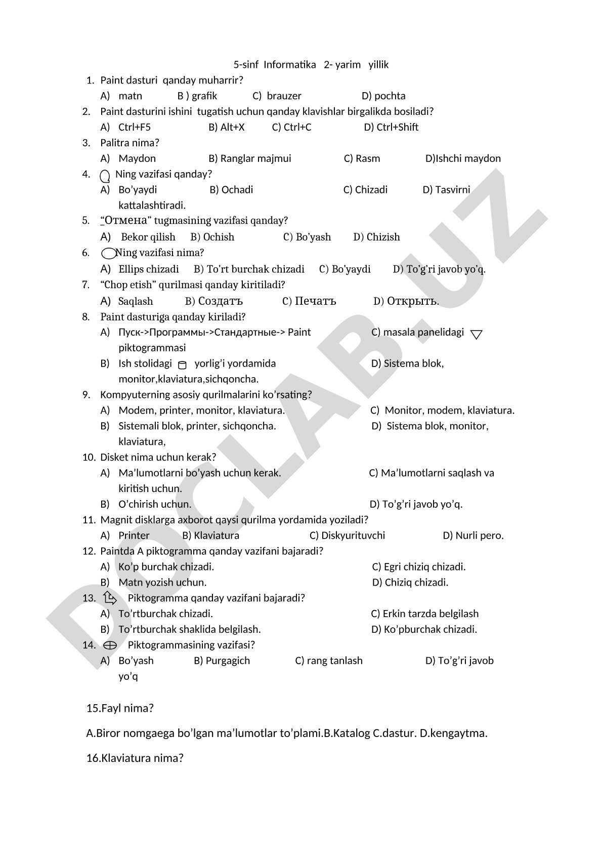 5-sinf Informatika fanidan Paint dasturi va kompyuter qurilmalari testi