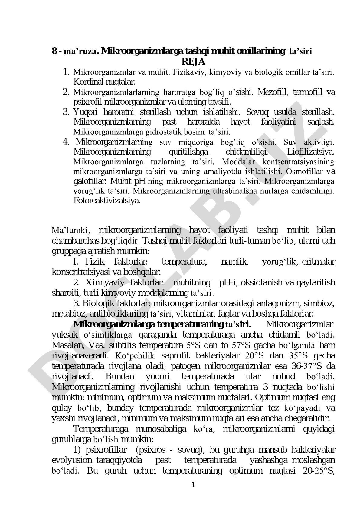 Mikroorganizmlarga tashqi muhit omillarining ta’siri