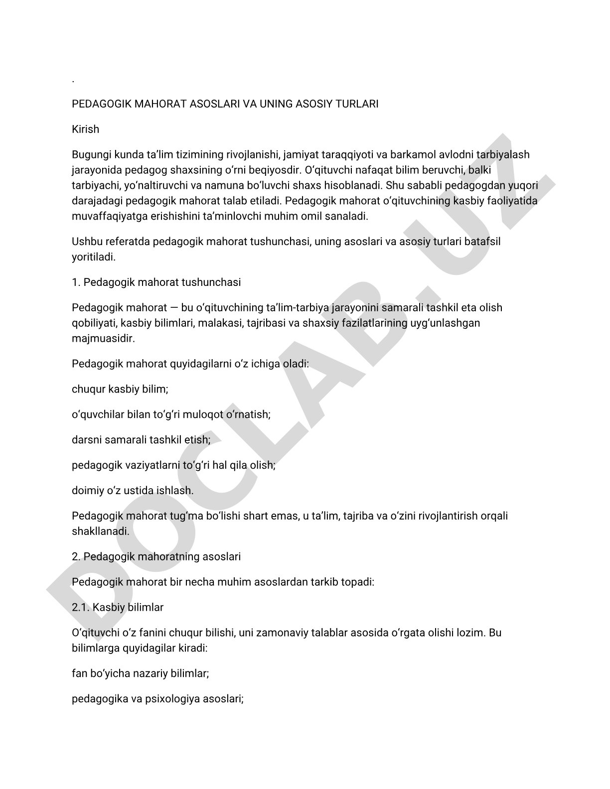 Pedagogik mahorat asoslari va uning asosiy turlari