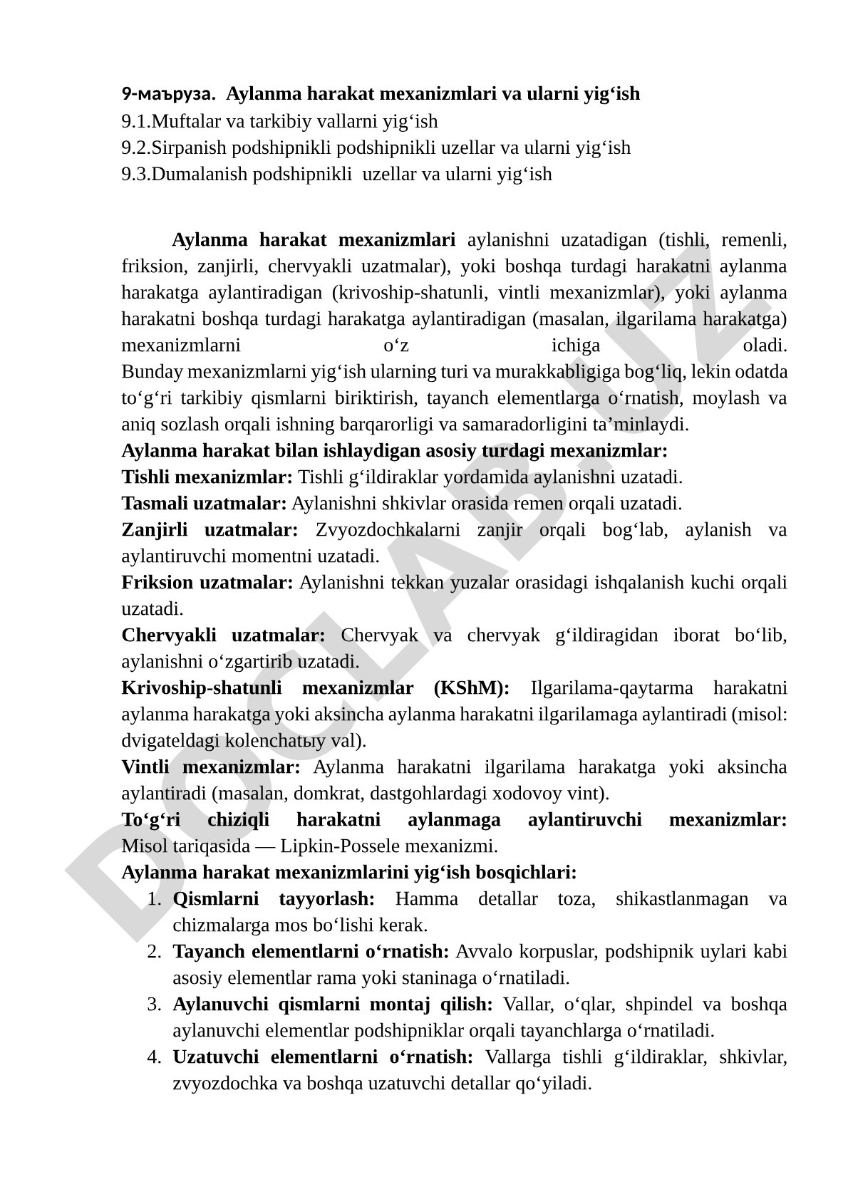 Aylanma harakat mexanizmlari va ularni yig‘ish