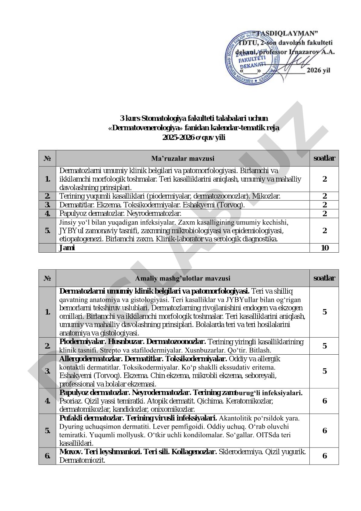 Dermatovenerologiya fanidan kalendar-tematik reja (2025-2026)