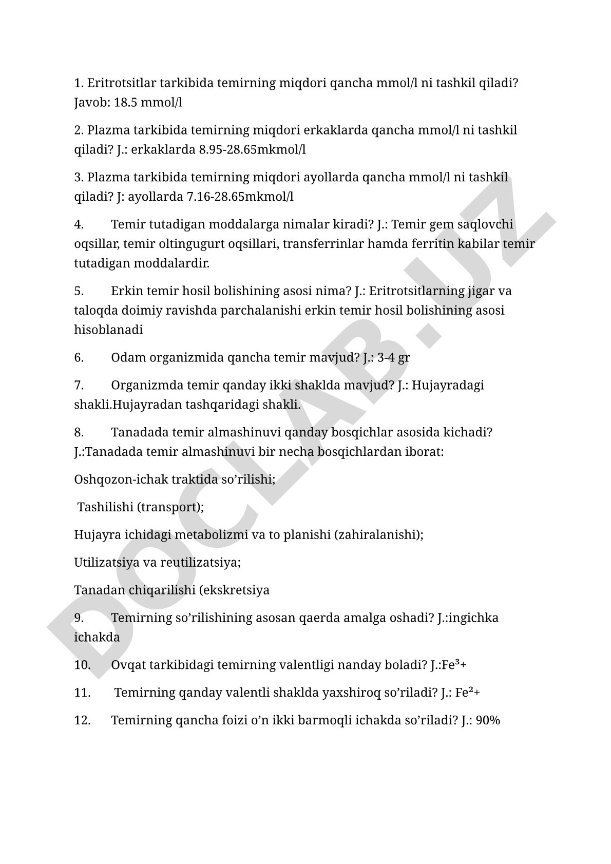 Eritrotsitlar tarkibida temir miqdori