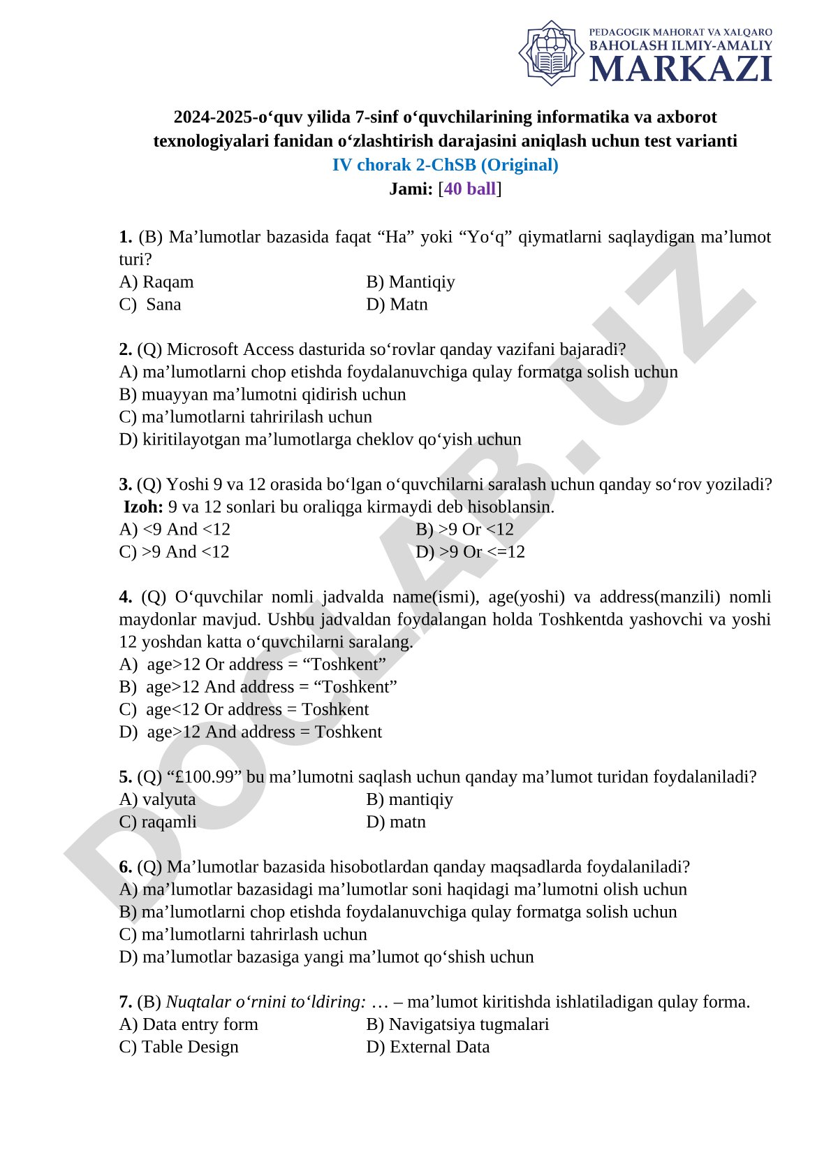 7-sinf informatika va axborot texnologiyalari fanidan test IV chorak 2-ChSB