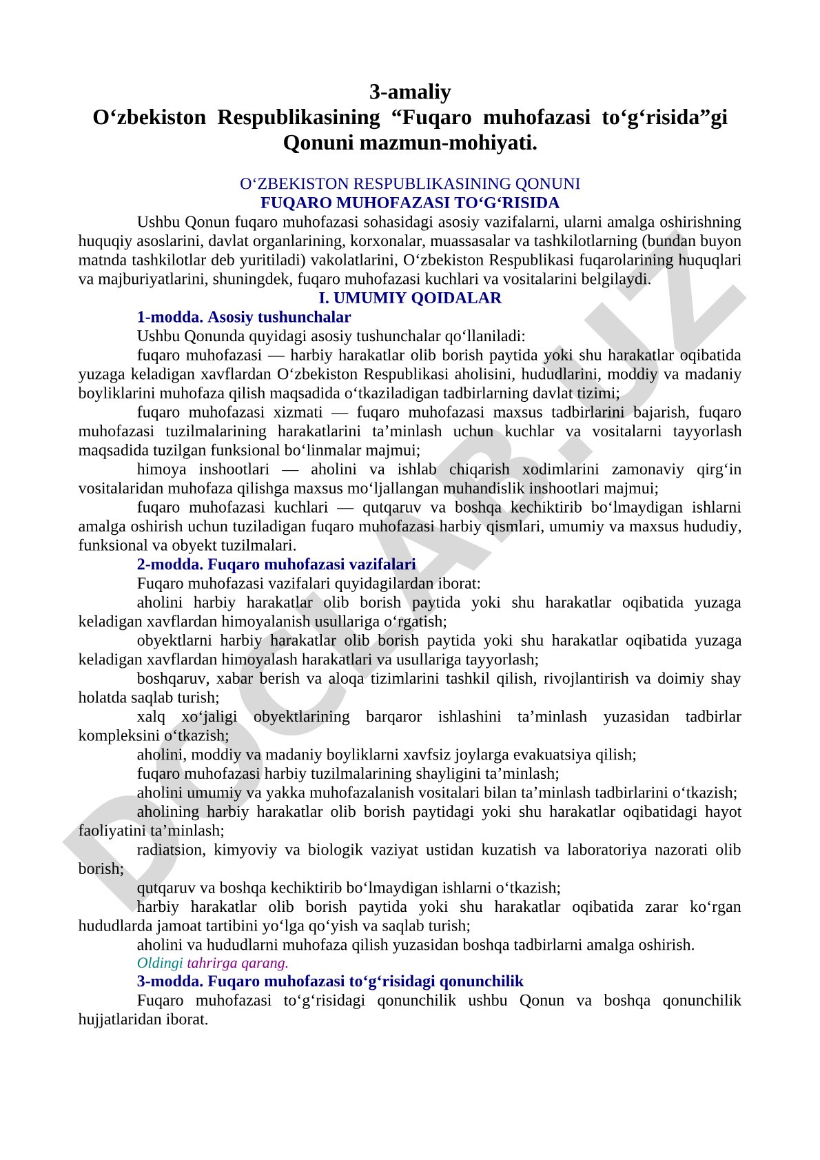 3-amaliy O‘zbekiston Respublikasining “Fuqaro muhofazasi to‘g‘risida”gi Qonuni mazmun-mohiyati