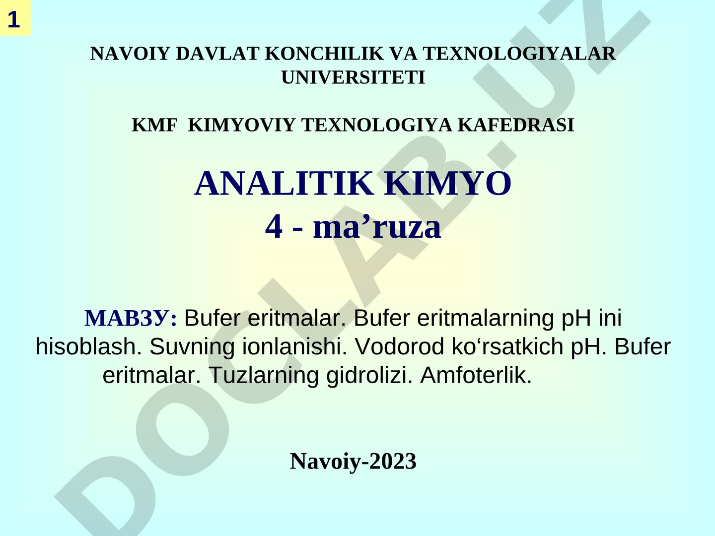Bufer eritmalar. Bufer eritmalarning pH ini hisoblash. Suvning ionlanishi. Vodorod ko'rsatkich pH. Bufer eritmalar. Tuzlarning gidrolizi. Amfoterlik