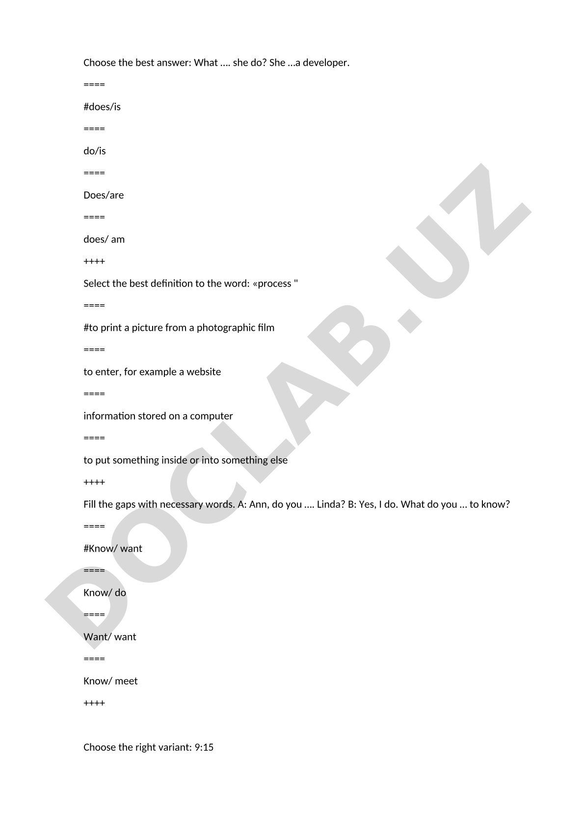 English grammar and vocabulary quiz