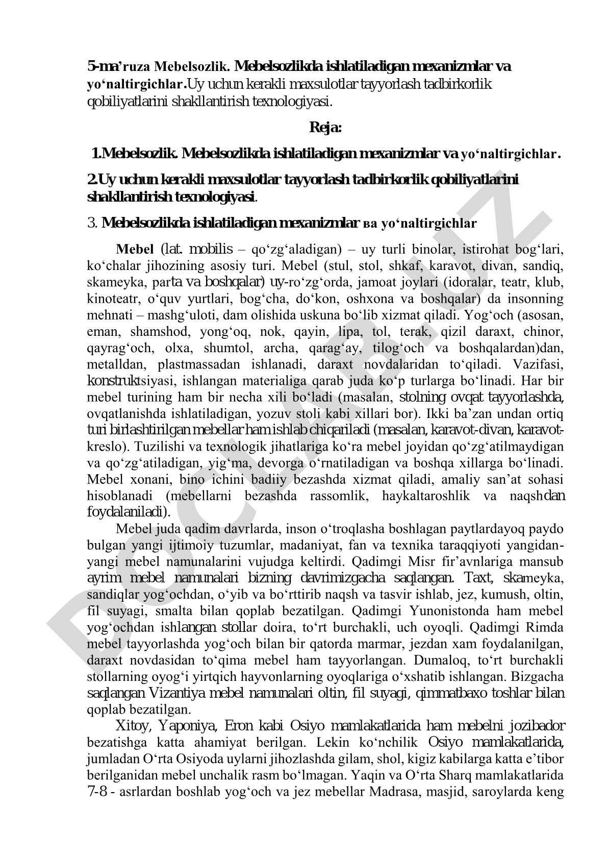 Mebelsozlikda ishlatiladigan mexanizmlar, yo‘naltirgichlar va tadbirkorlik texnologiyasi