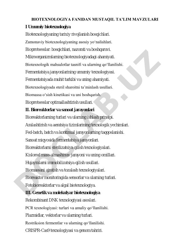 Biotexnologiya fanidan mustaqil ta'lim mavzulari