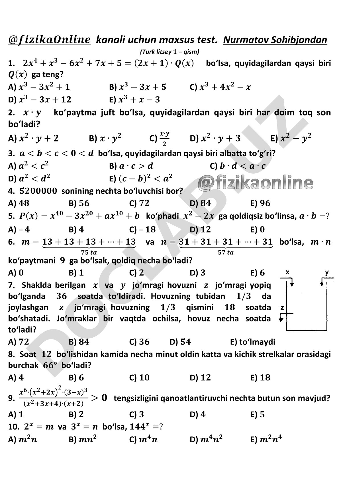 Matematika fanidan test savollari