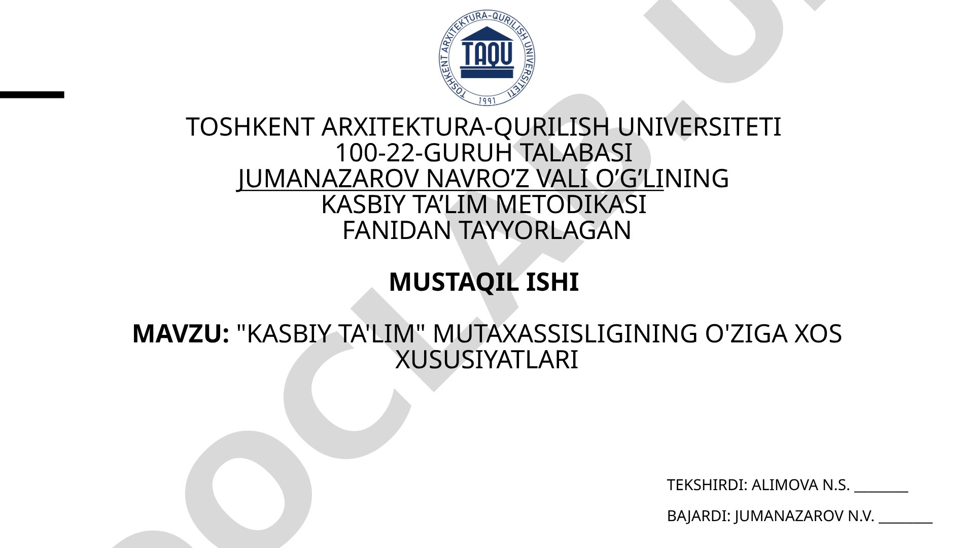 Kasbiy ta'lim mutaxassisligining o'ziga xos xususiyatlari