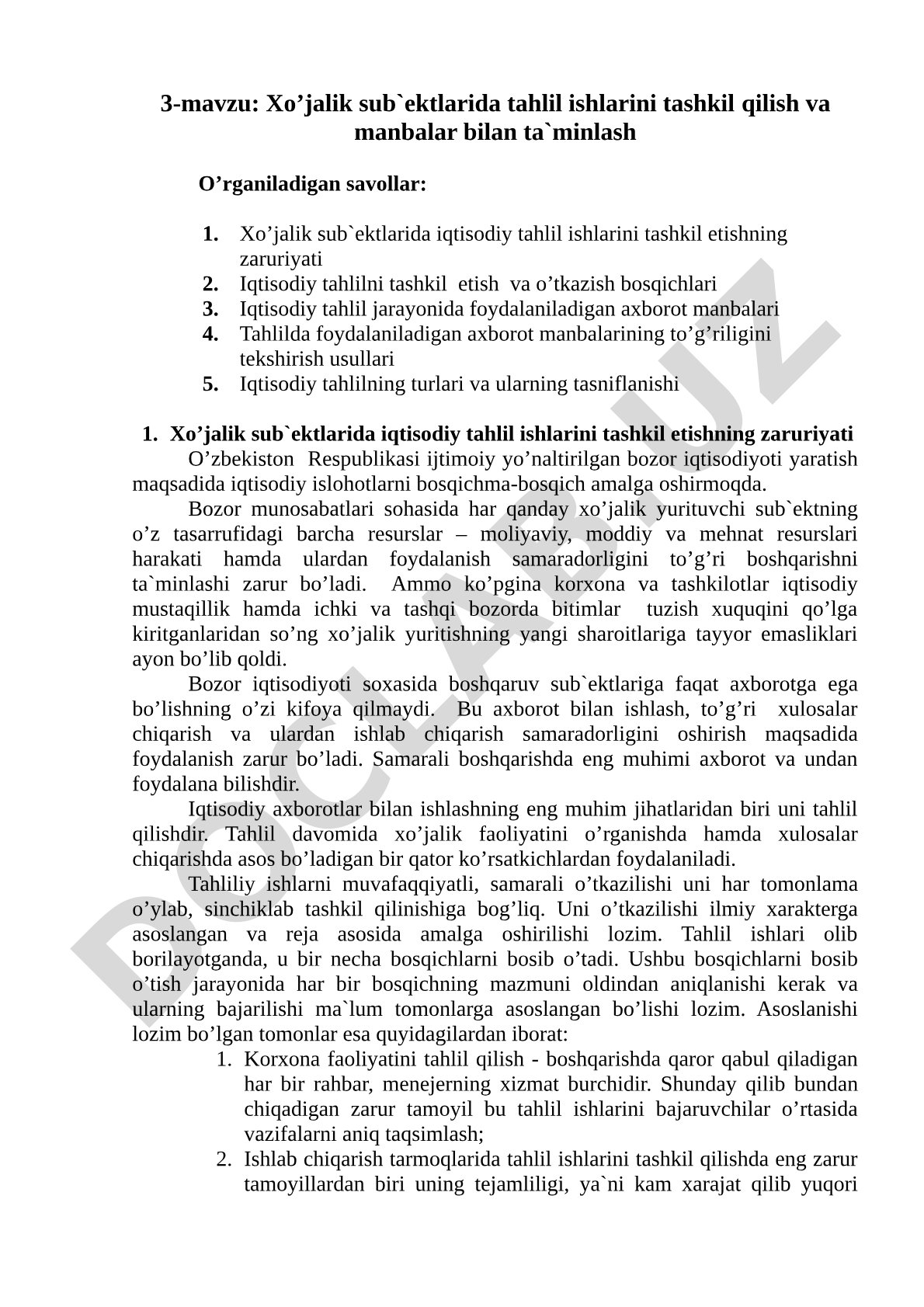 Xo’jalik sub`ektlarida tahlil ishlarini tashkil qilish va manbalar bilan ta`minlash