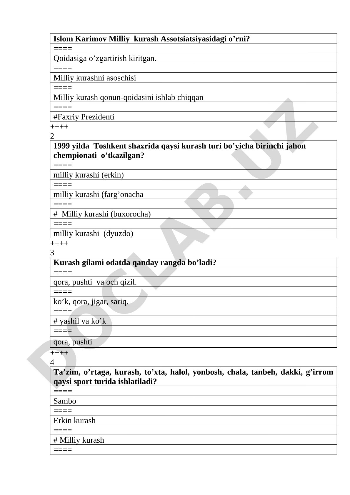Milliy kurash bo'yicha test savollari