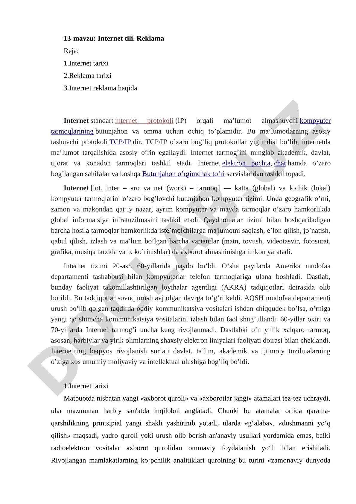 Internet tarixi, reklama tarixi va internet reklama haqida ma'lumot