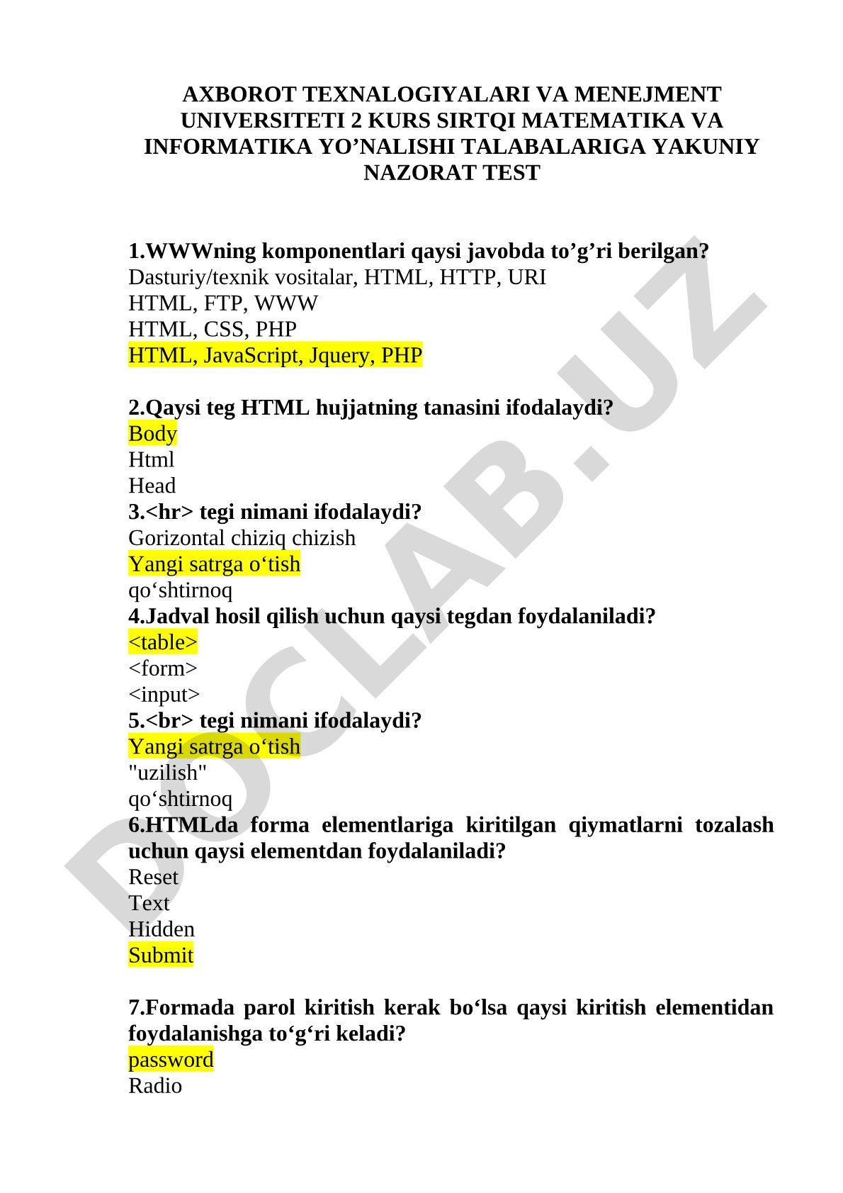 Matematika va informatika yo'nalishi talabalariga yakuniy nazorat test