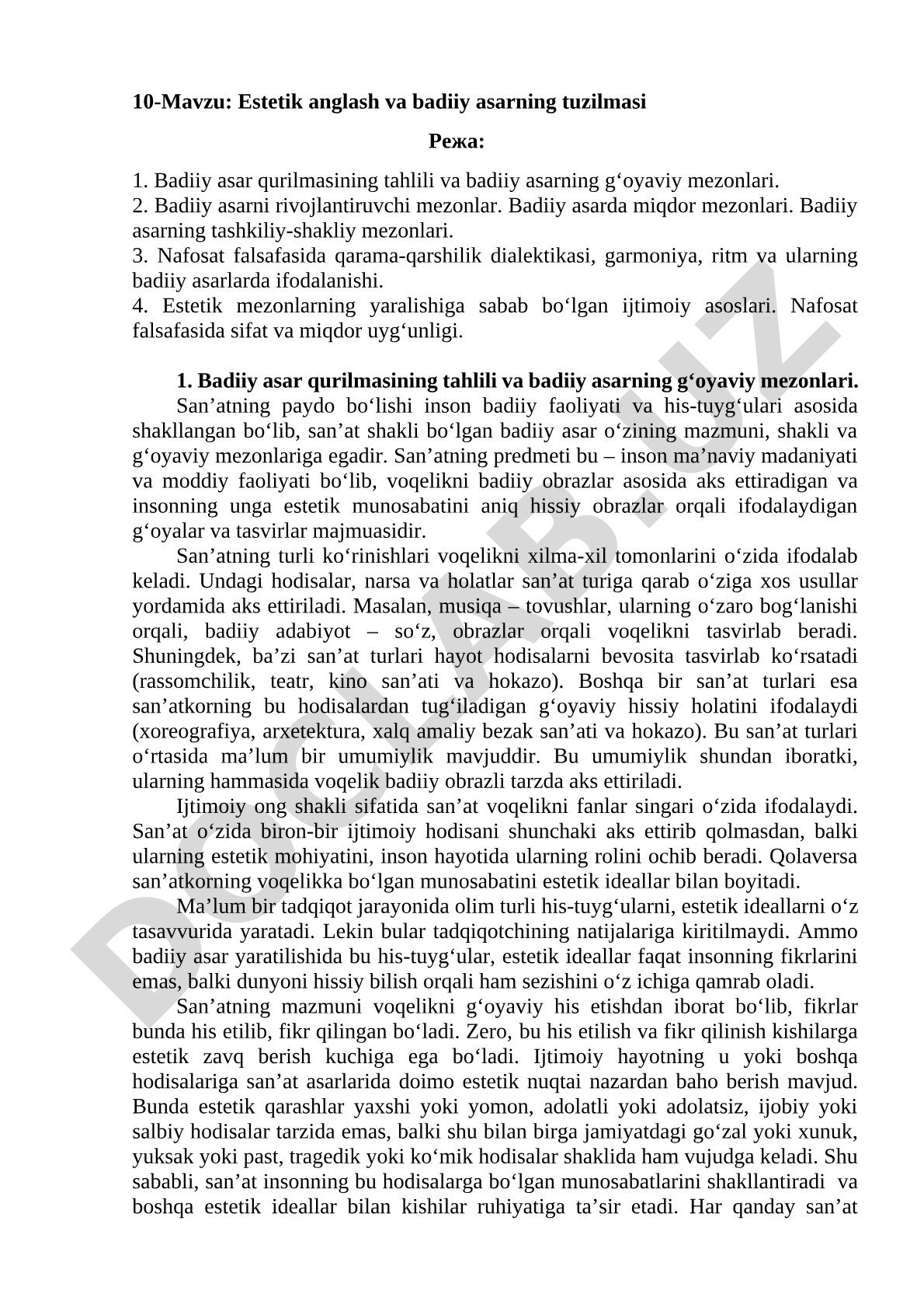 Estetik anglash va badiiy asarning tuzilmasi