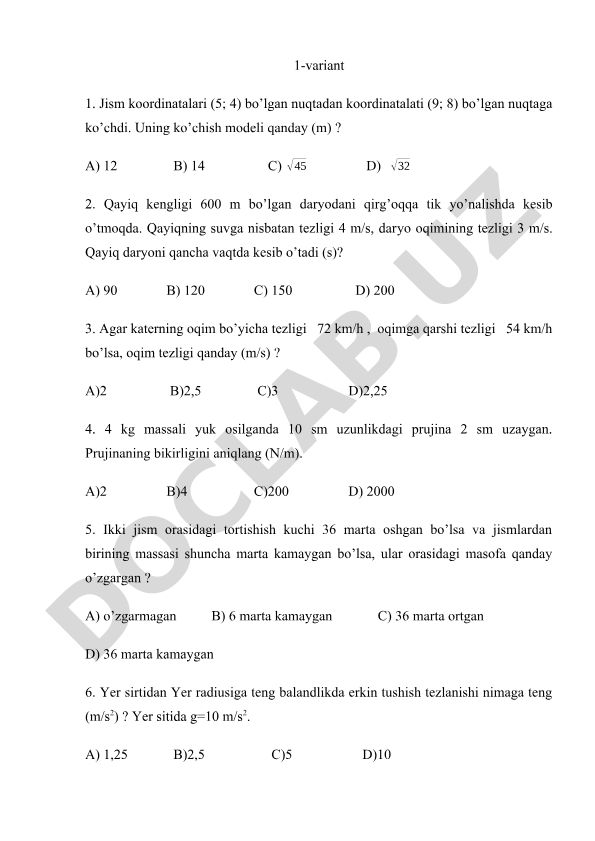 Fizika masalalari to'plami: ko'chish, tezlik, tortishish kuchi