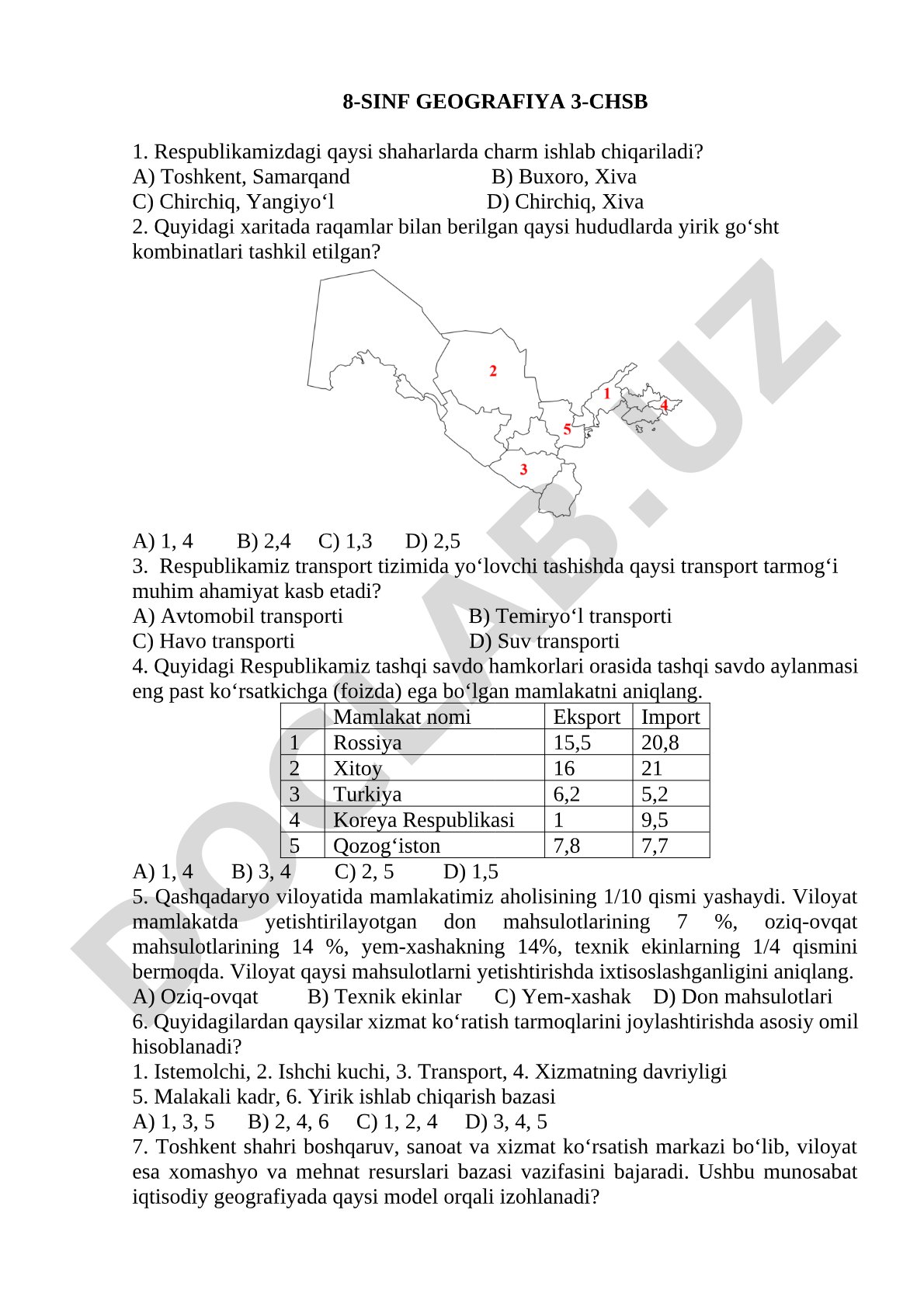 8-sinf geografiya 3-chorak test savollari