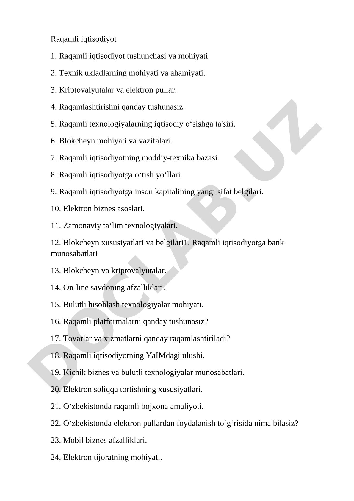 Raqamli iqtisodiyot bo'yicha test savollari