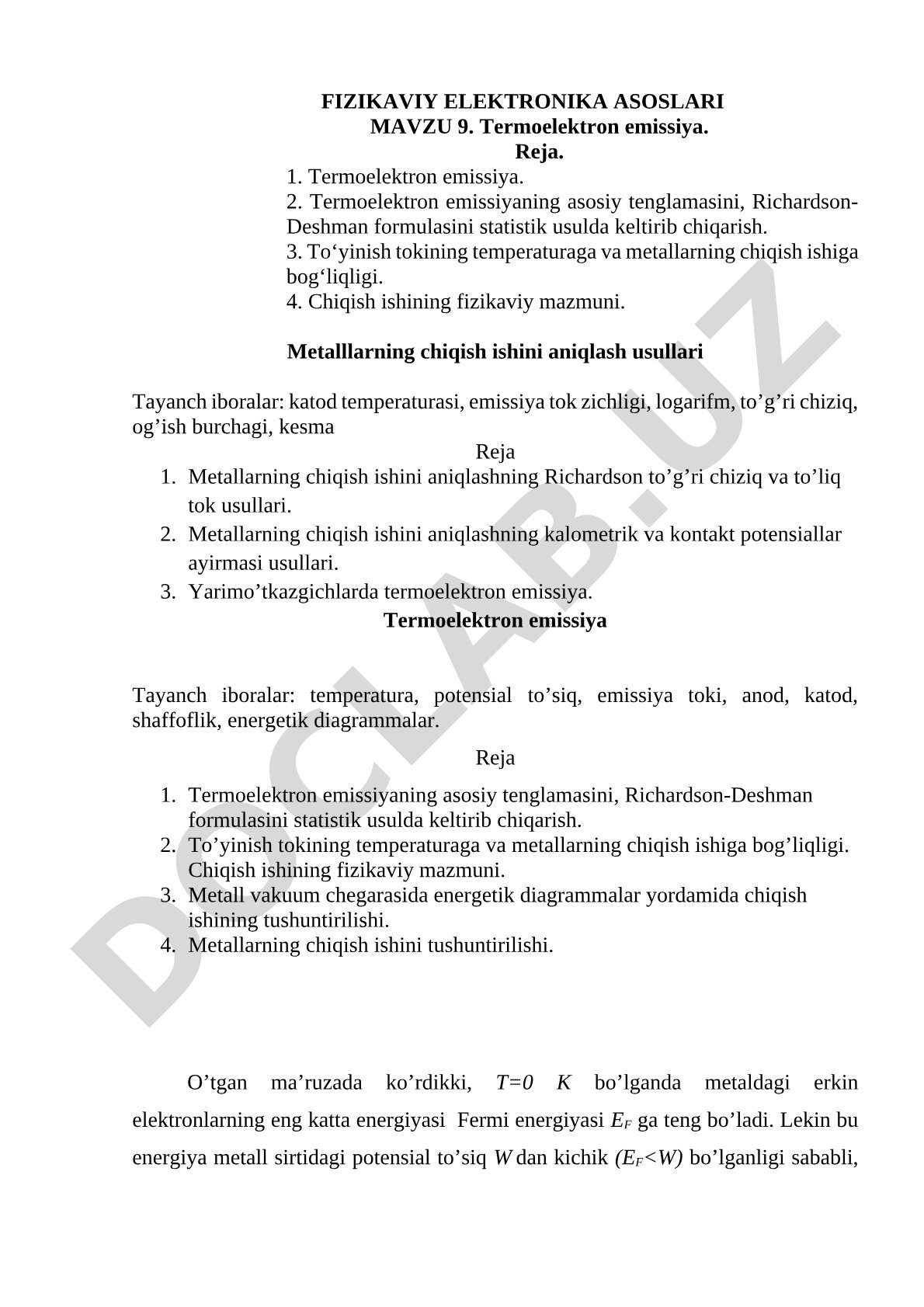 Termoelektron emissiya: Richardson-Deshman formulasi, chiqish ishi usullari