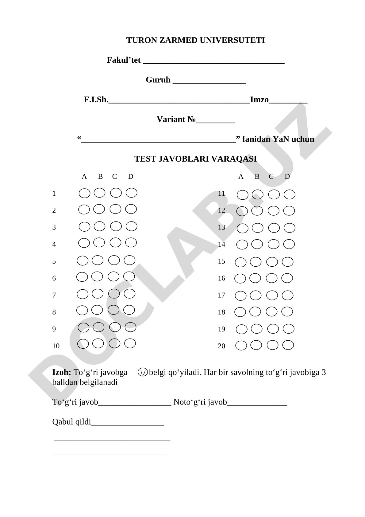 YaN uchun TEST JAVOBLARI VARAQASI
