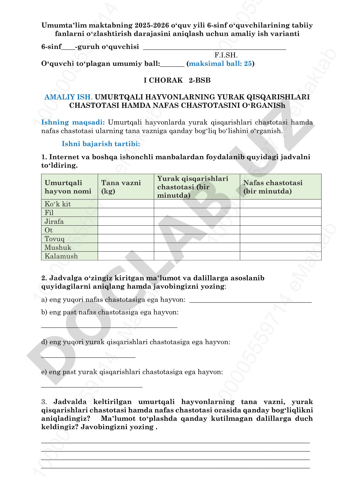 Umurtqali hayvonlarning yurak qisqarishlari chastotasi hamda nafas chastotasini oʻrganish