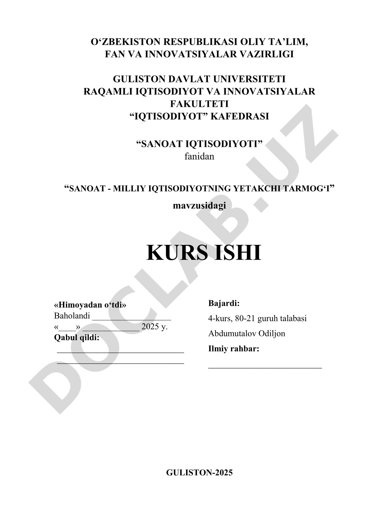 Sanoat - milliy iqtisodiyotning yetakchi tarmog‘i