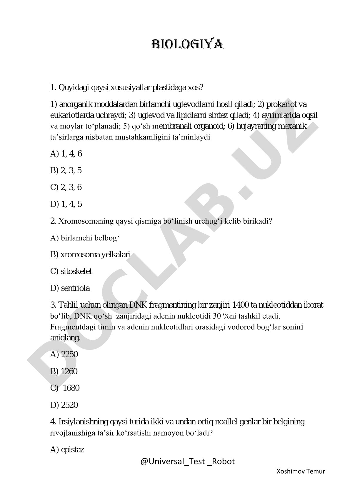 Biologiya fanidan test savollari