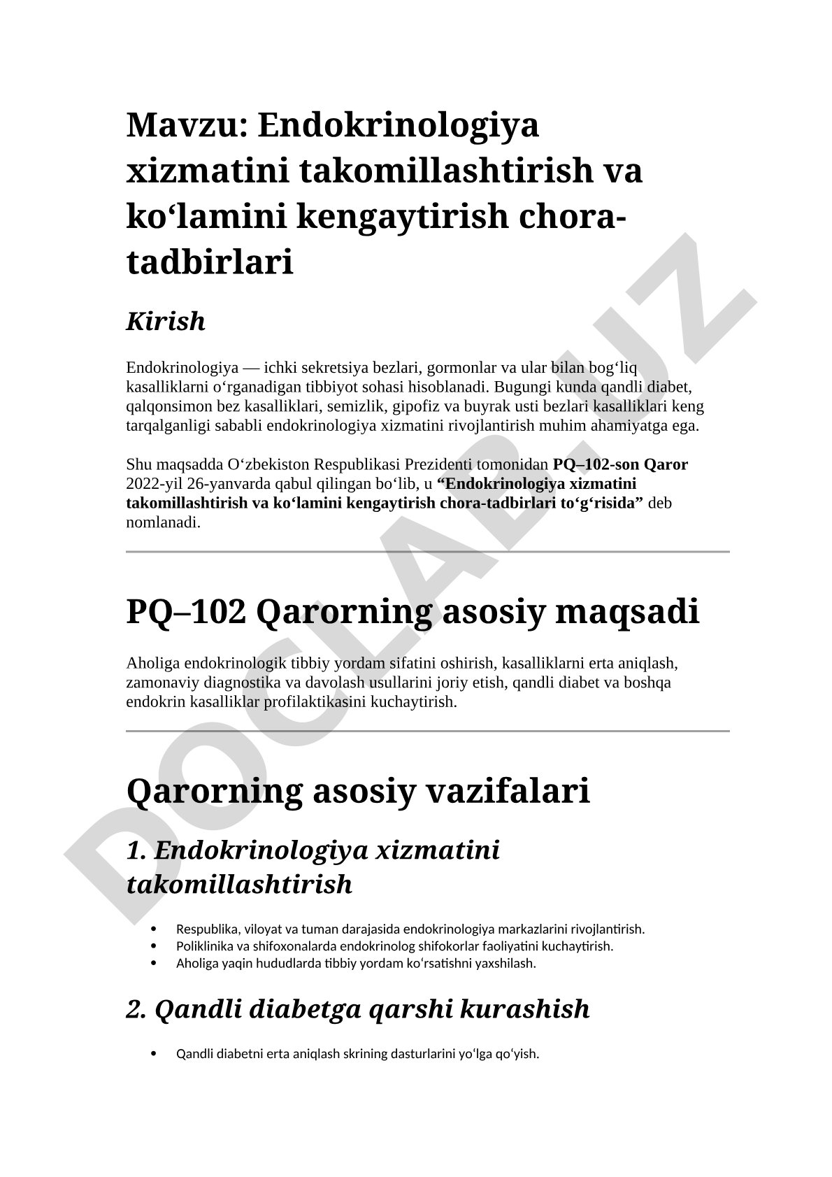 Endokrinologiya xizmatini takomillashtirish va ko‘lamini kengaytirish chora-tadbirlari