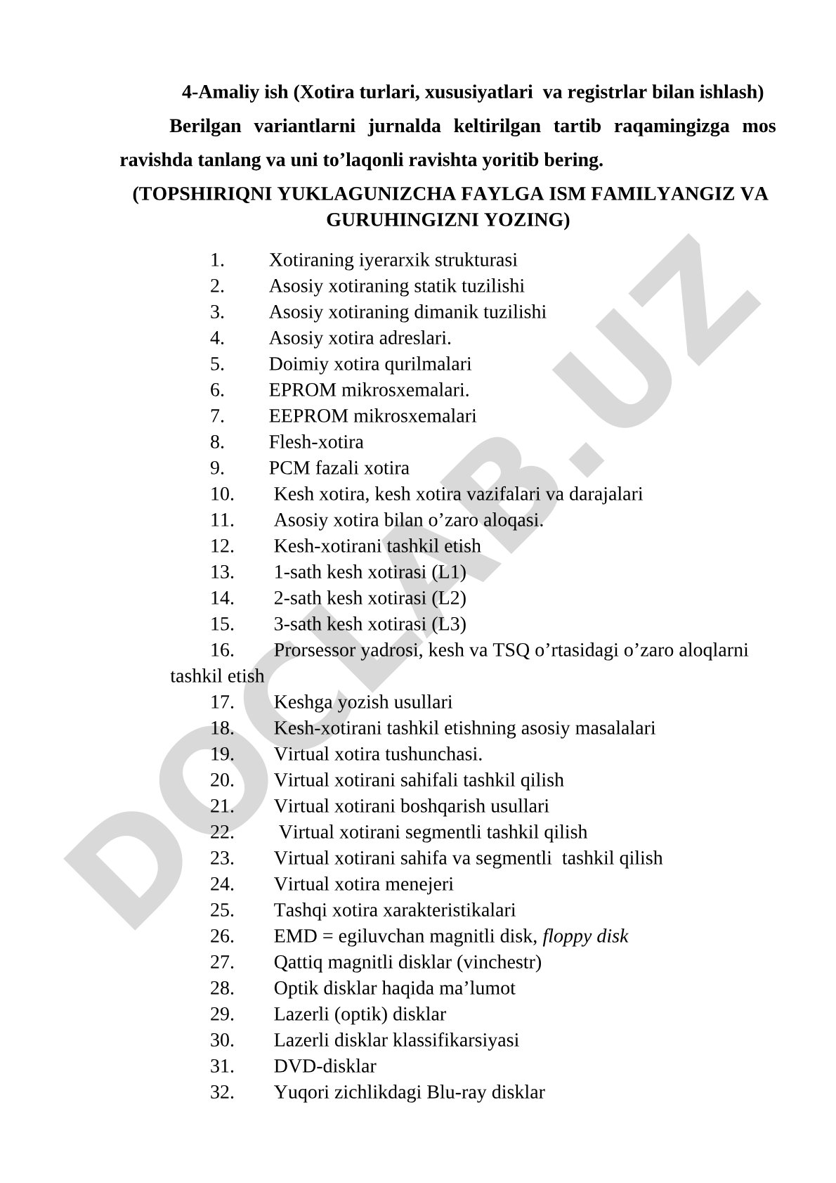 Xotira turlari, xususiyatlari va registrlar bilan ishlash