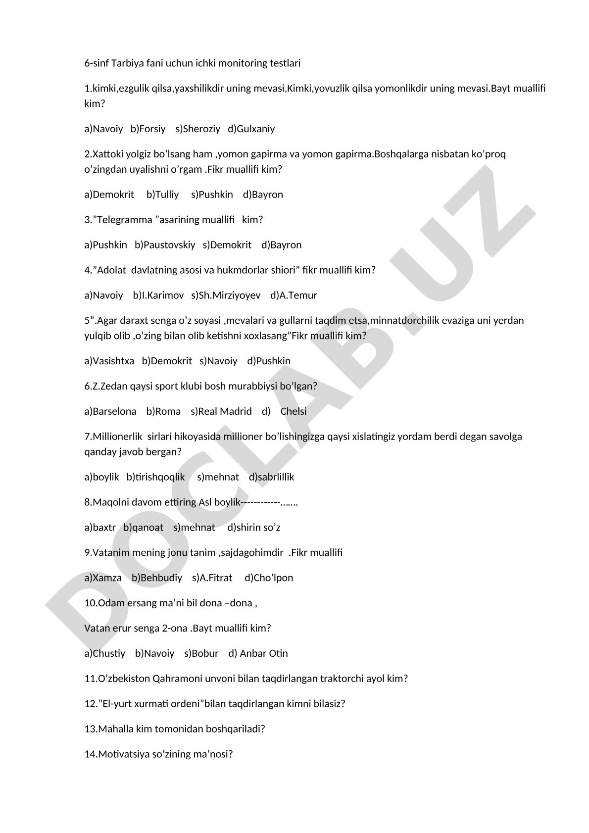 6-sinf Tarbiya fani uchun ichki monitoring testlari