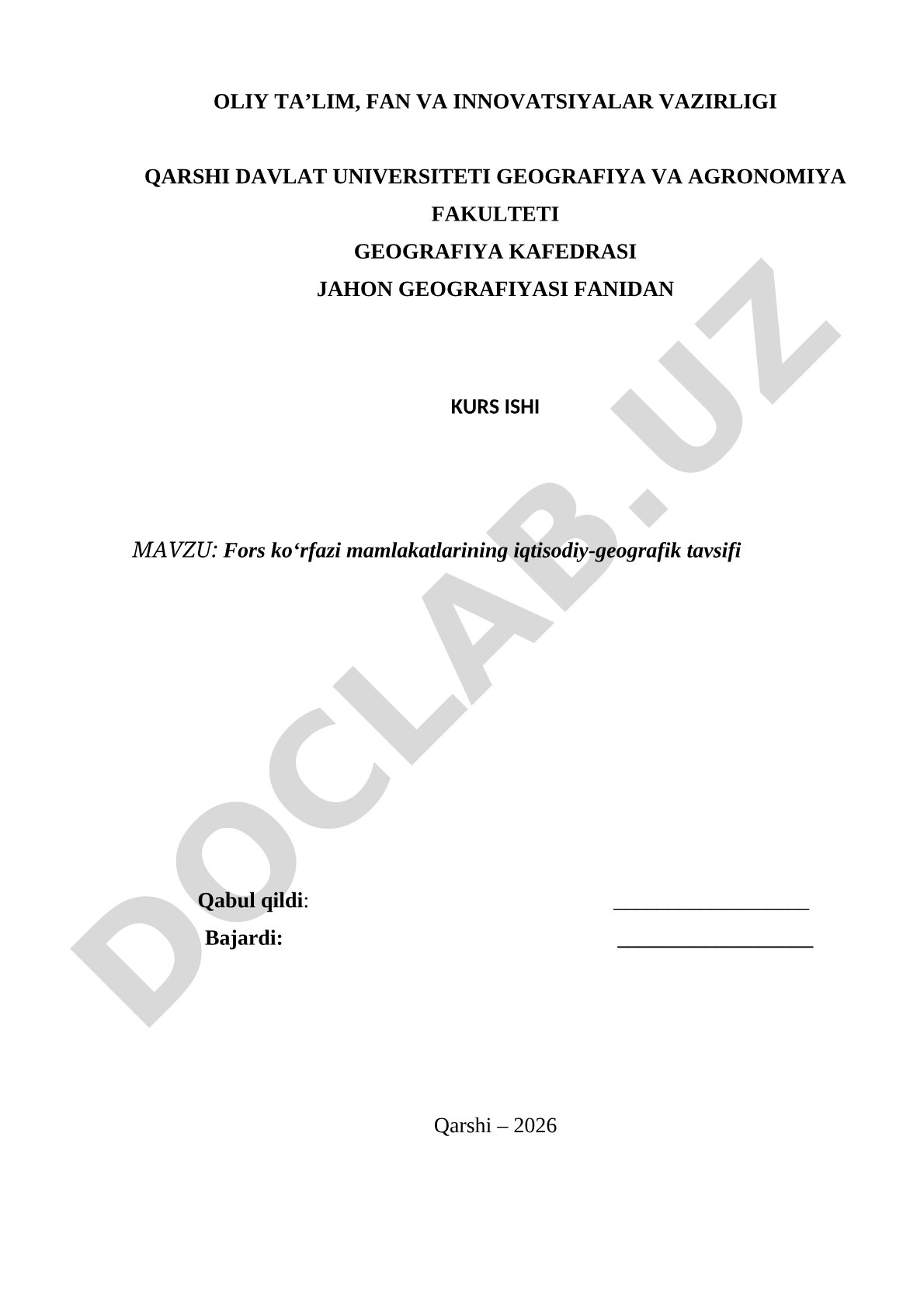 Fors ko‘rfazi mamlakatlarining iqtisodiy-geografik tavsifi