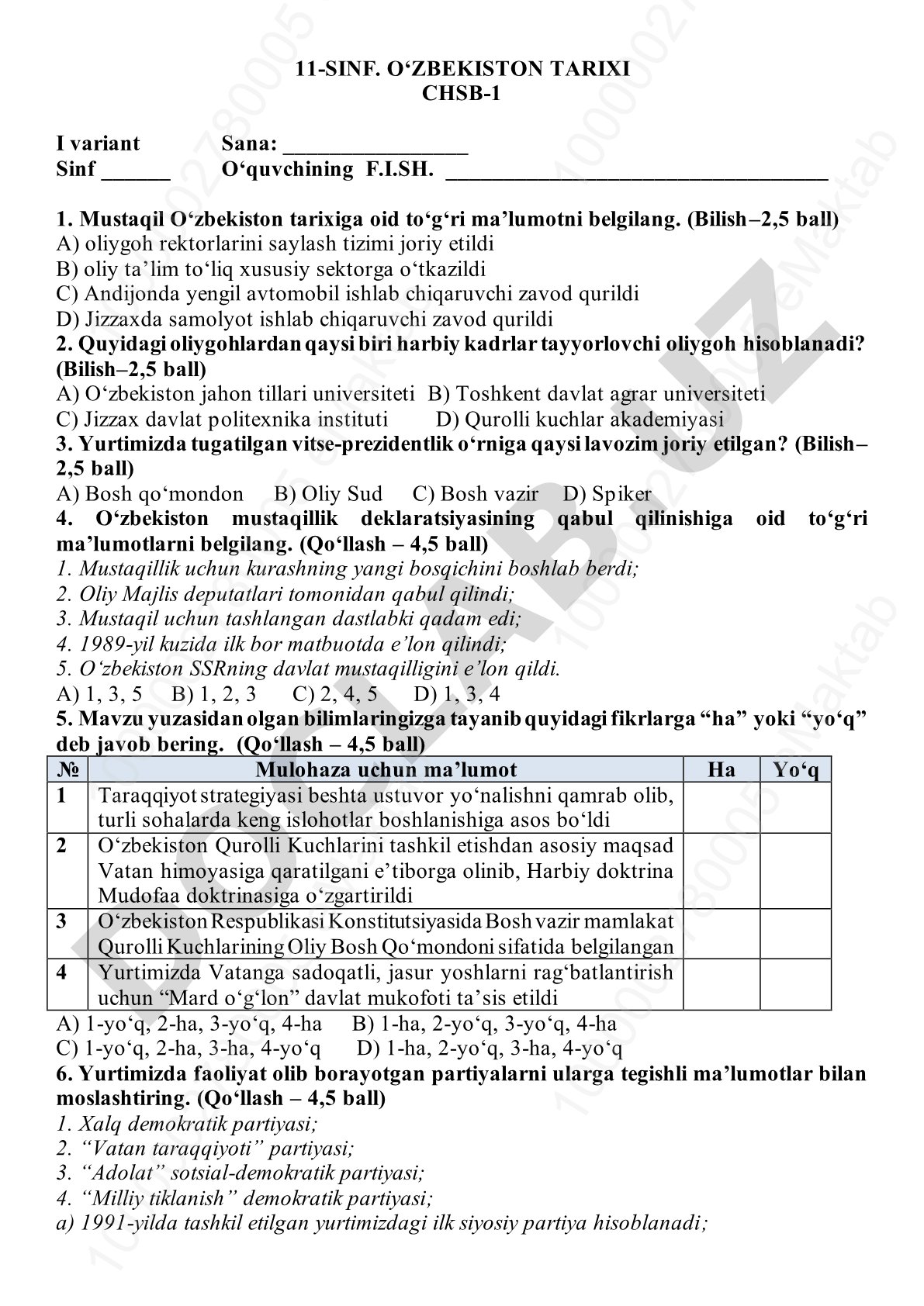 O‘zbekiston tarixi 11-sinf test savollari