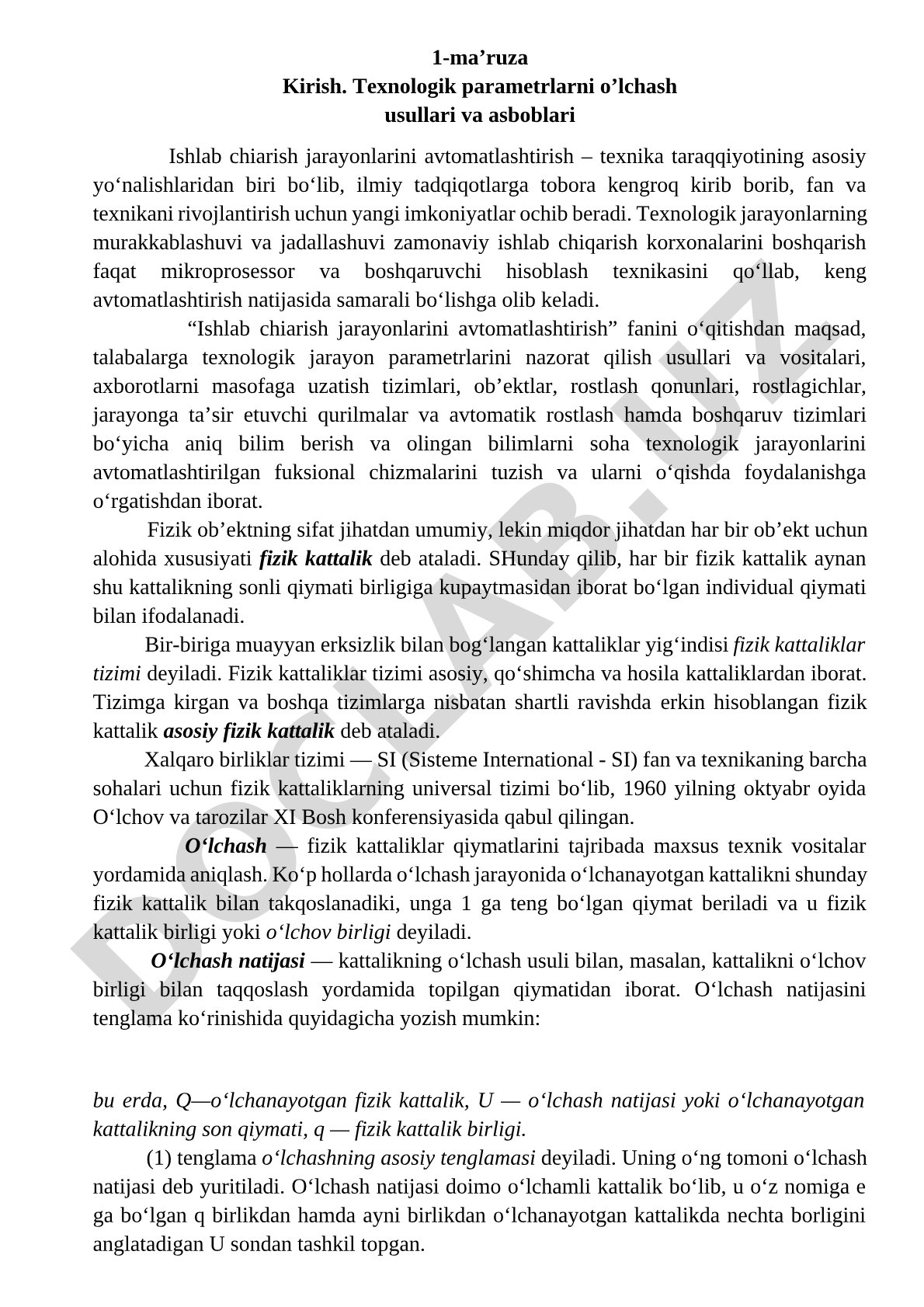 Texnologik parametrlarni o'lchash usullari va asboblari