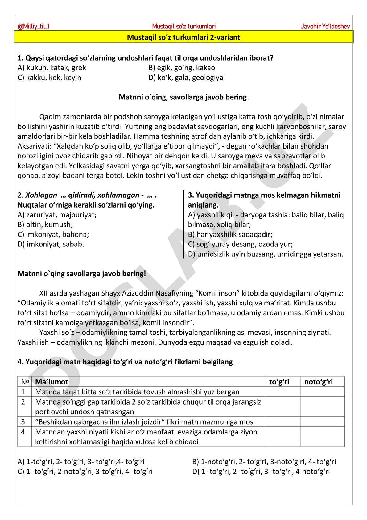 Mustaqil so’z turkumlari 2-variant