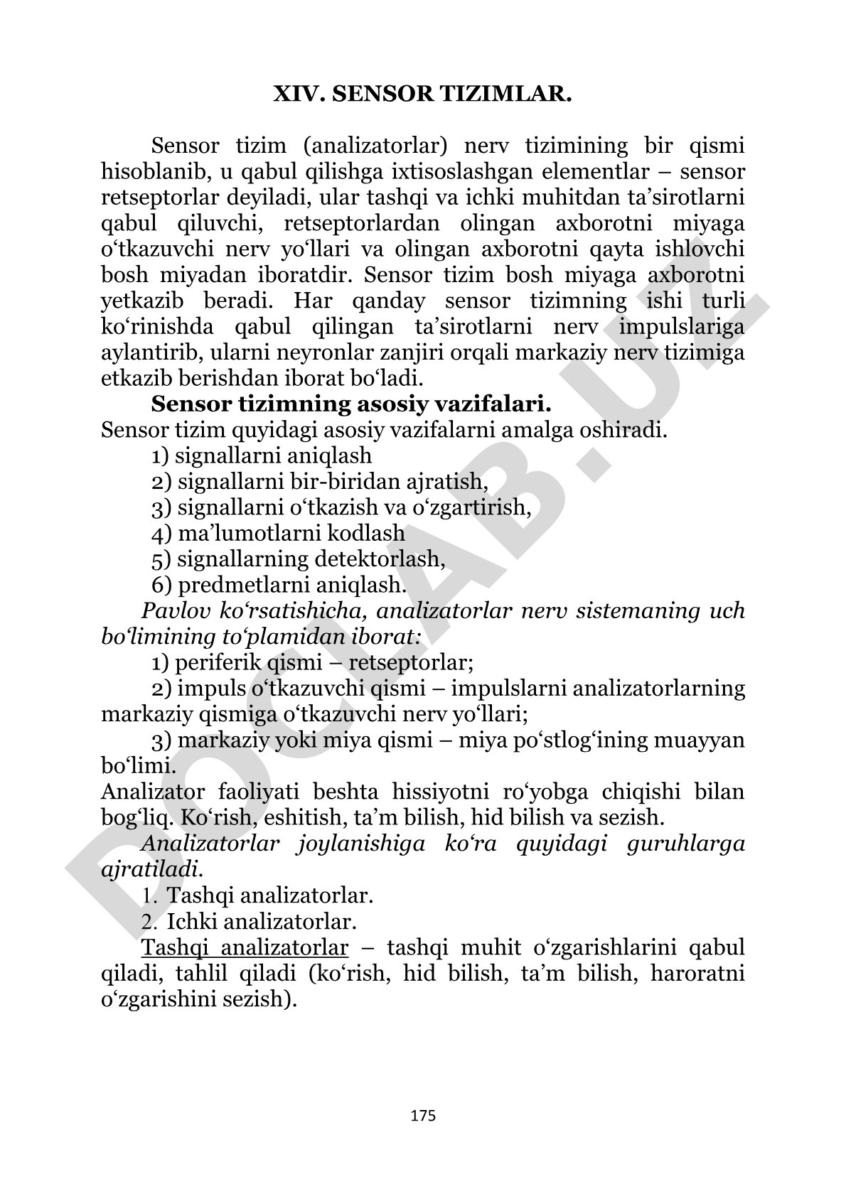 Sensor tizimlarning vazifalari, tuzilishi va analizatorlar haqida ma'lumot