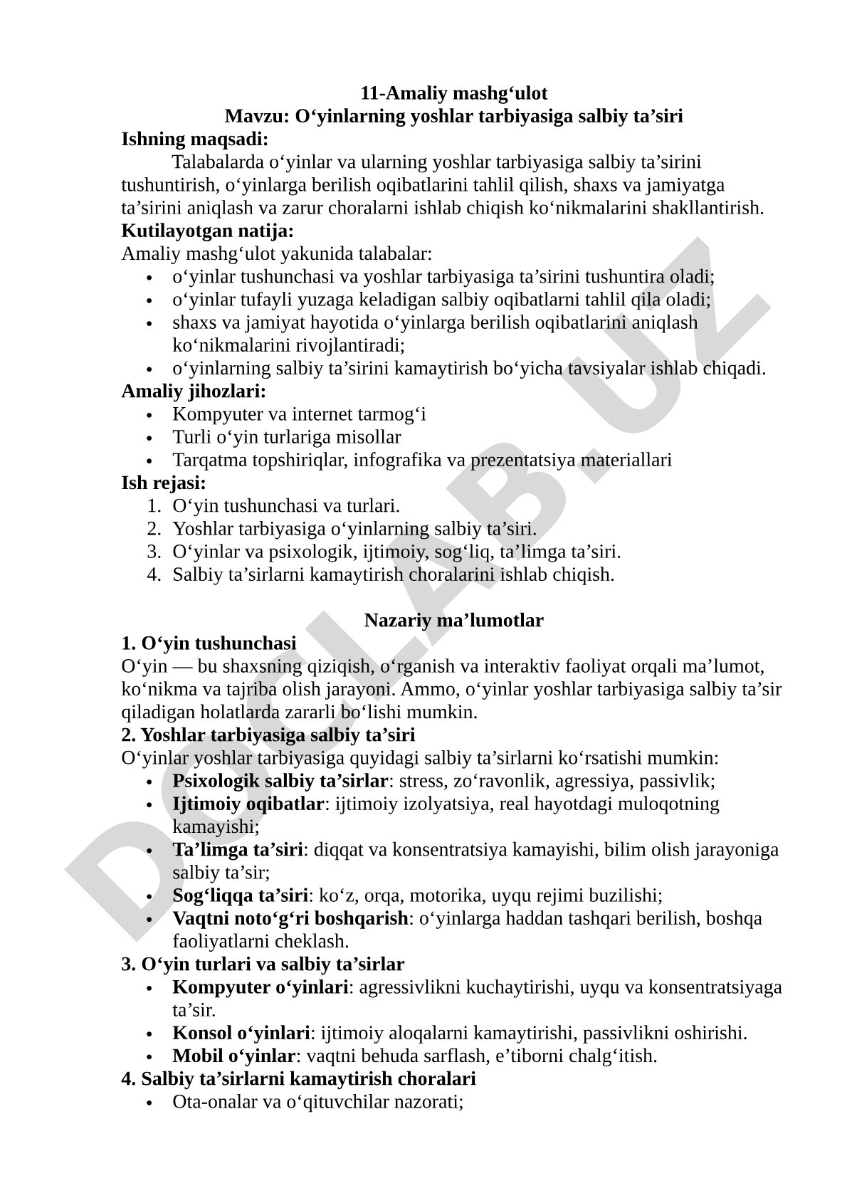 O‘yinlarning yoshlar tarbiyasiga salbiy ta’siri