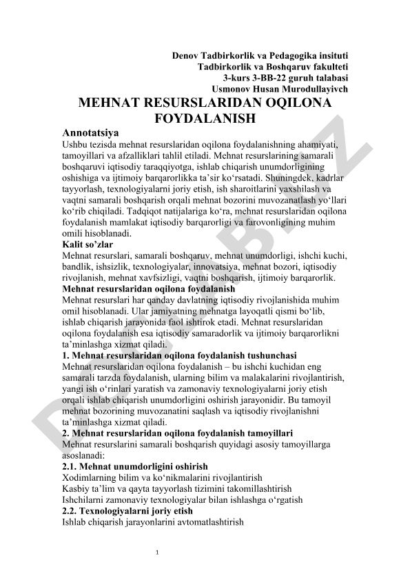 Mehnat resurslaridan oqilona foydalanish