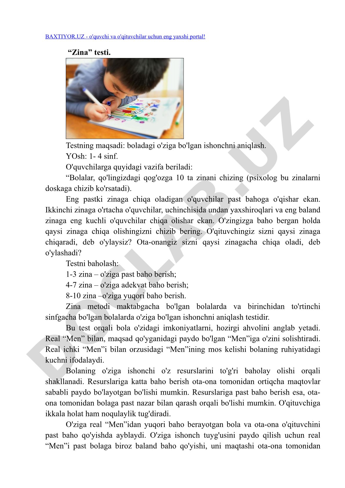 1-4 sinf o'quvchilarining o'ziga bo'lgan ishonchini Zina testi orqali aniqlash