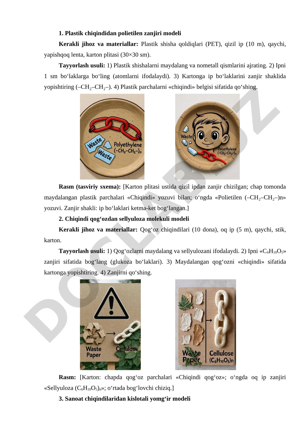 Plastik chiqindidan polietilen zanjiri modeli