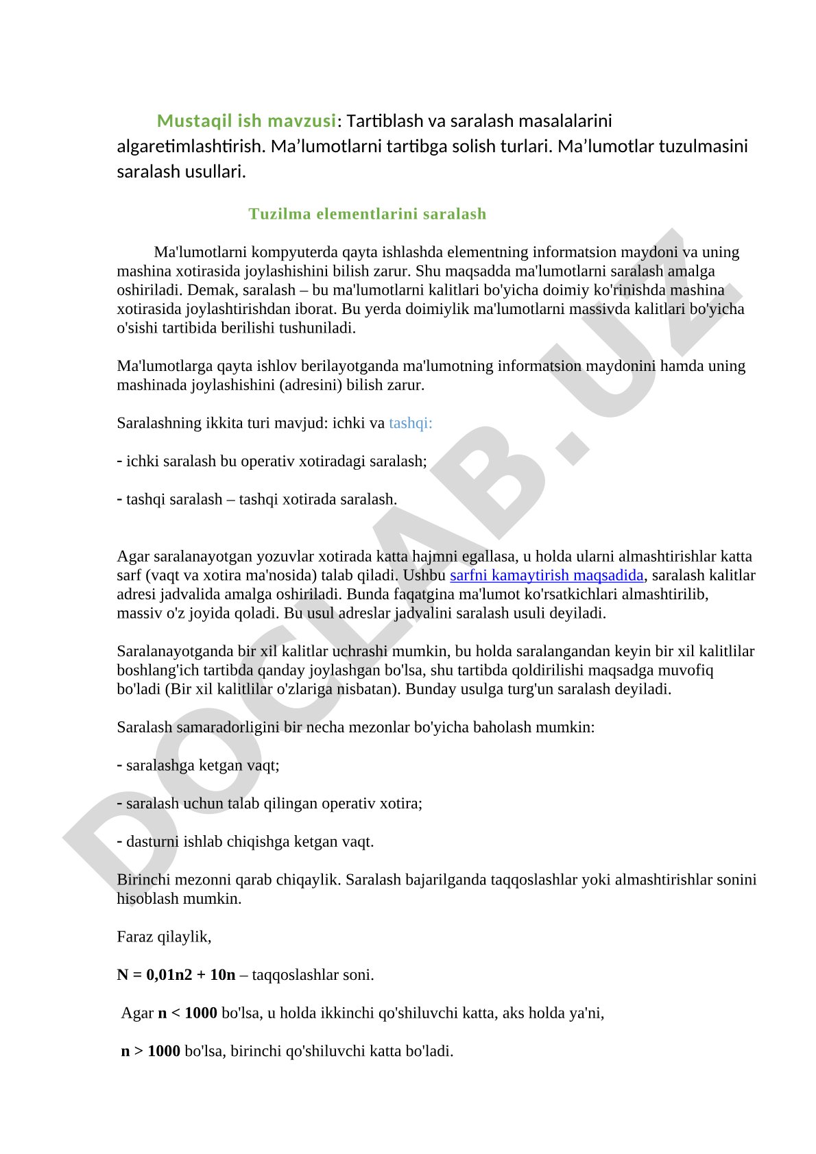 Tartiblash va saralash masalalarini algoritmlashtirish