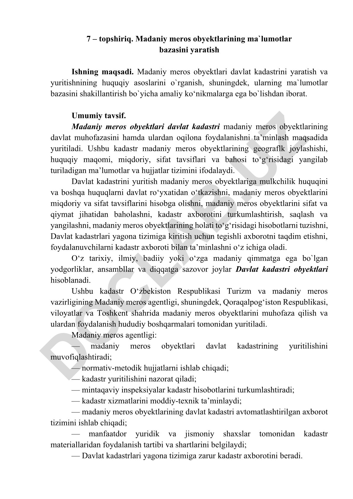 Madaniy meros obyektlarining ma'lumotlar bazasini yaratish
