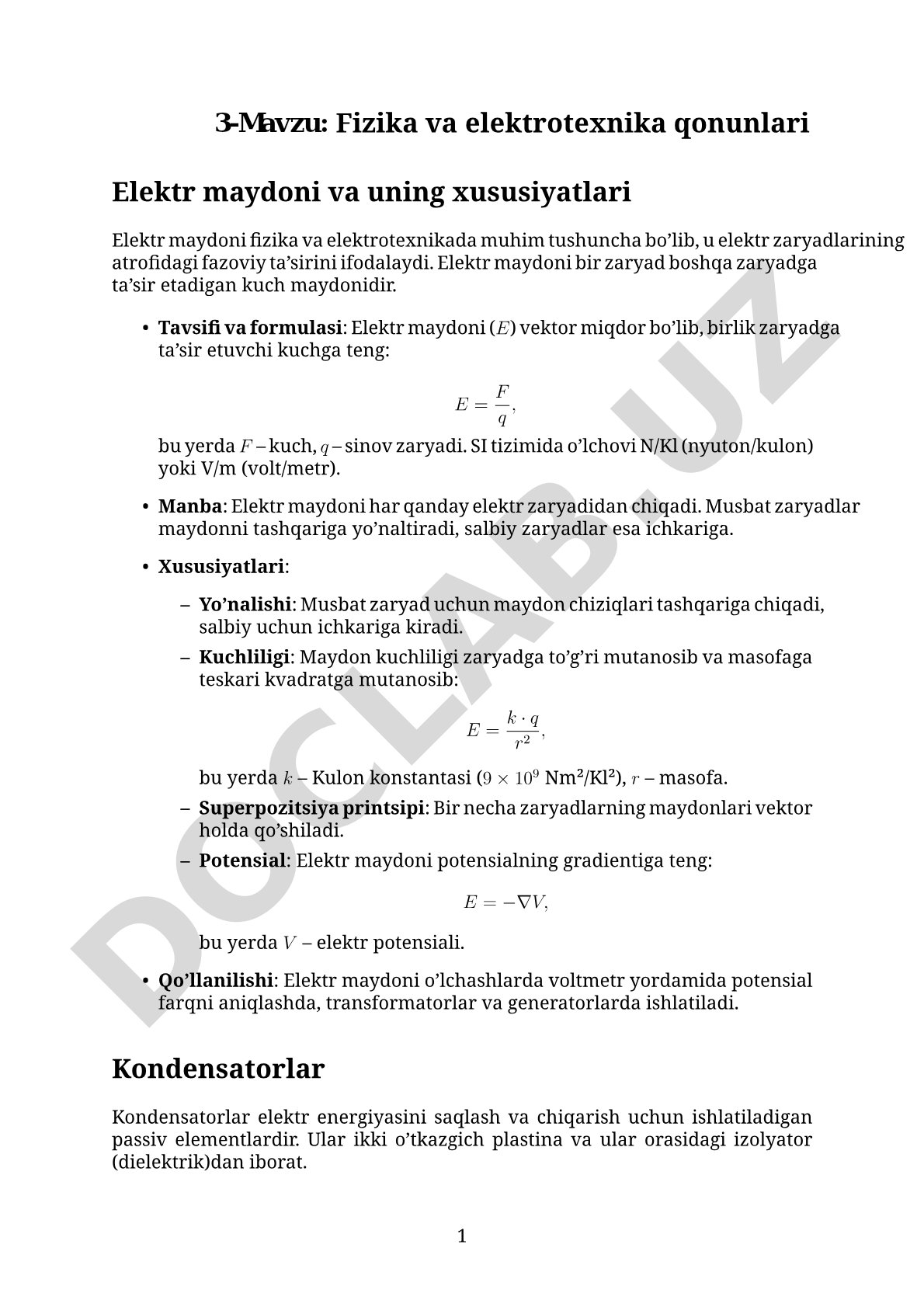 Elektr maydoni va kondensatorlar
