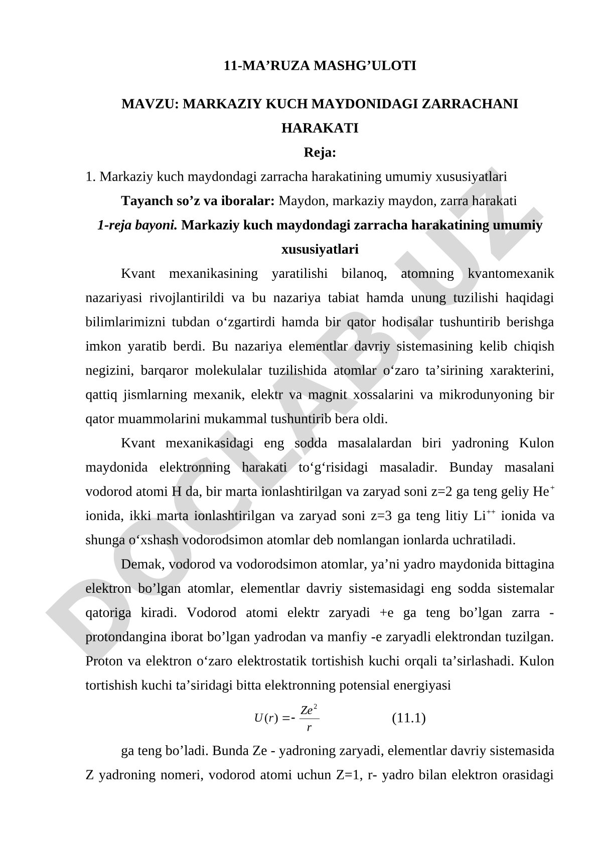 Markaziy kuch maydonidagi zarrachani harakati