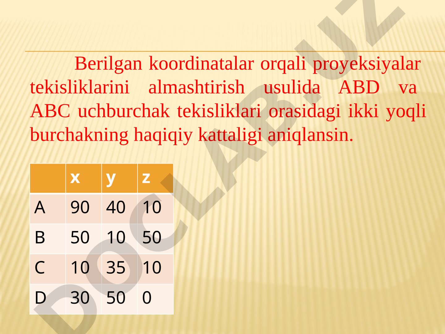 ABD va ABC tekisliklari orasidagi ikki yoqli burchakni aniqlash