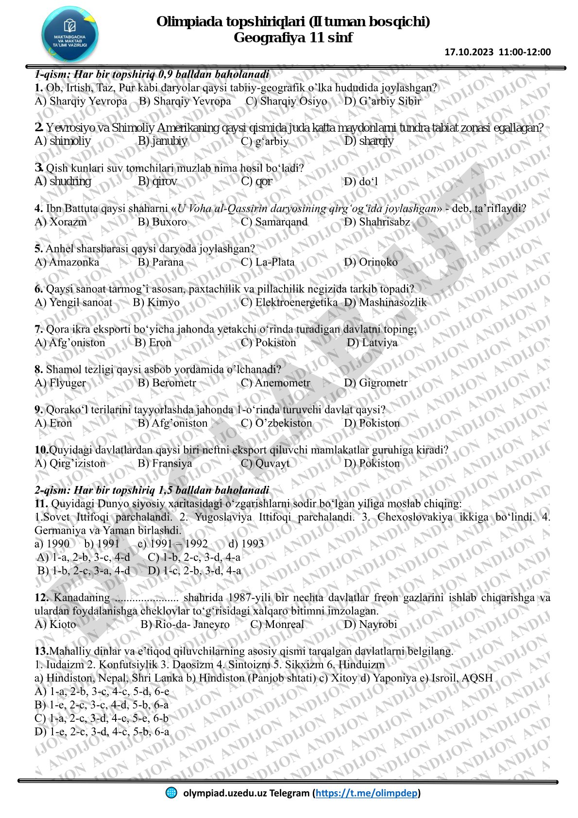 Olimpiada topshiriqlari (II tuman bosqichi) Geografiya 11 sinf