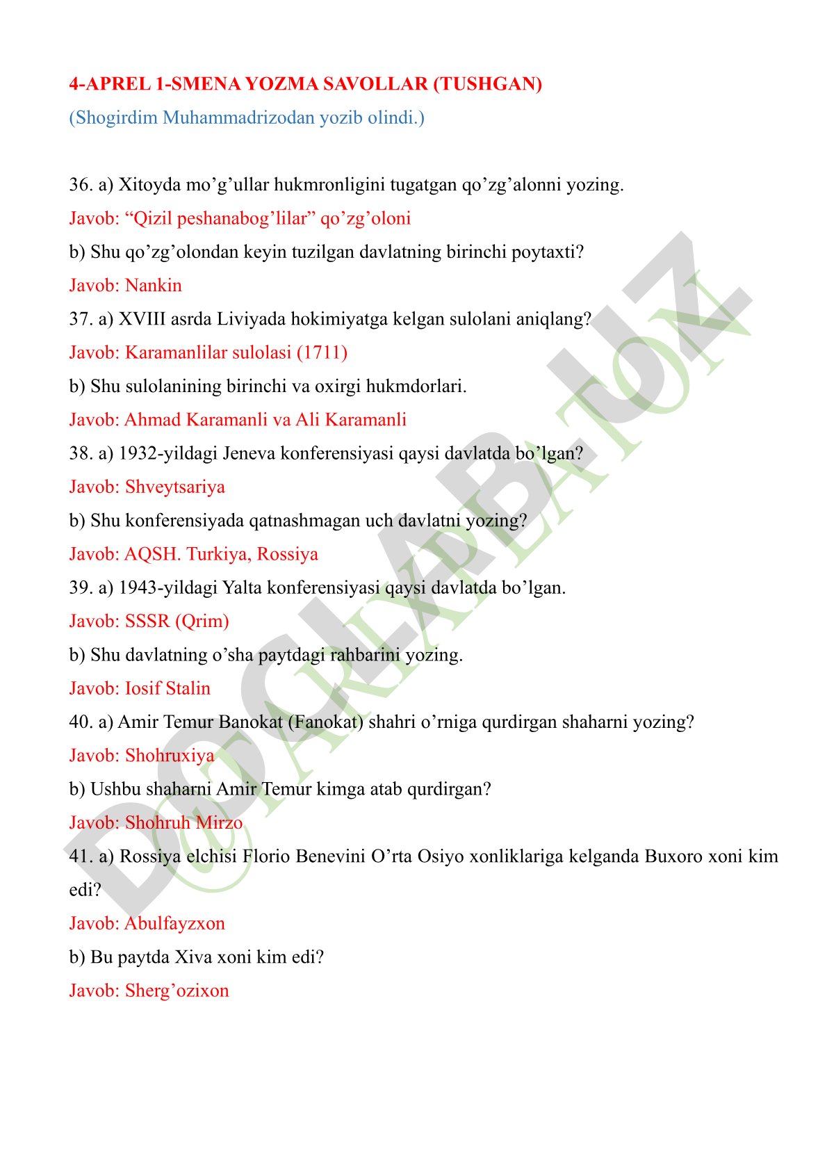 Tarix fanidan yozma savollar va javoblar