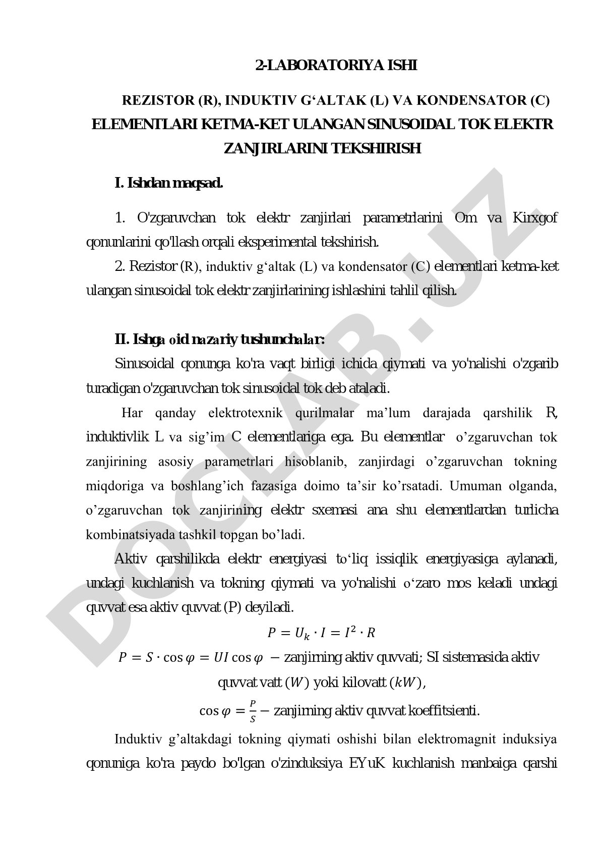 R, L va C ketma-ket ulangan sinusoidal tok zanjirlarini tekshirish