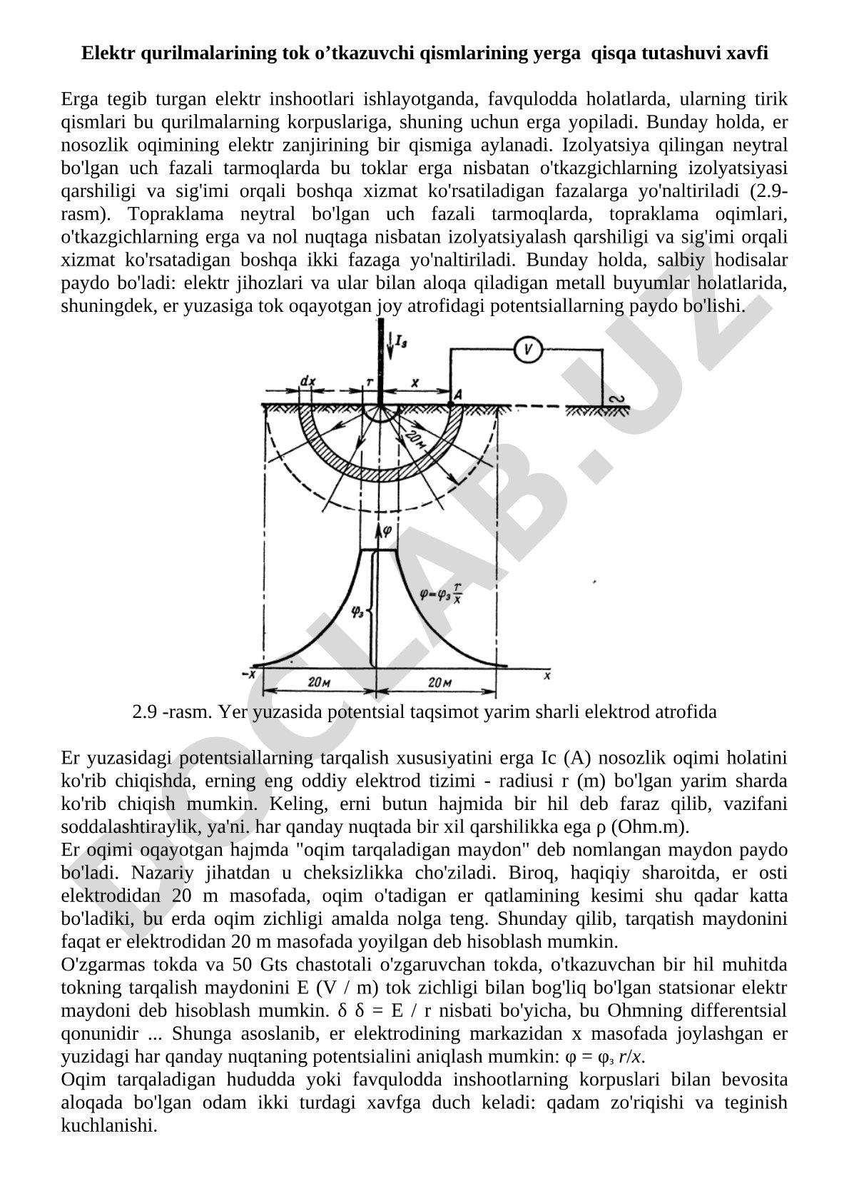 Elektr qurilmalarining tok o’tkazuvchi qismlarining yerga qisqa tutashuvi xavfi