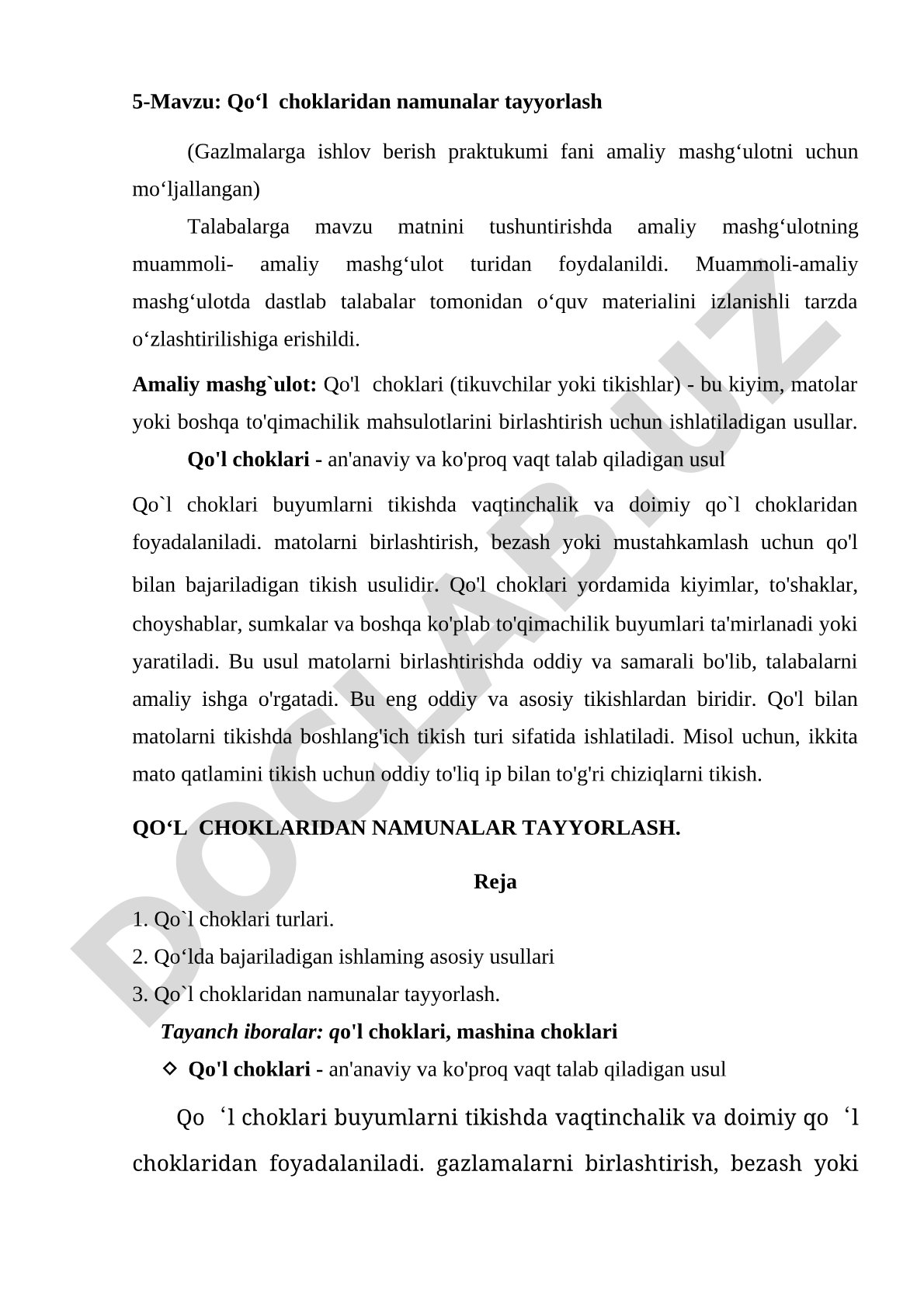 Qo‘l choklaridan namunalar tayyorlash